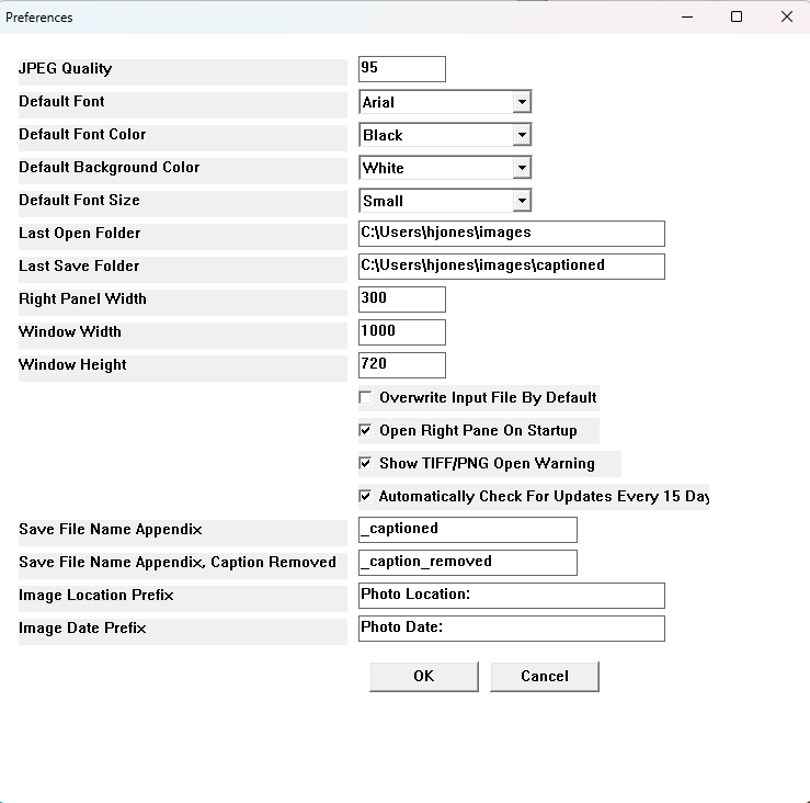 Easy Photo Caption user preferences screen shot