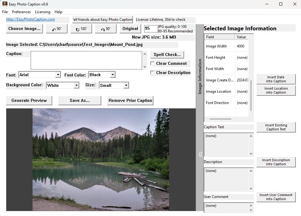 Easy Photo Caption image information pane screen shot